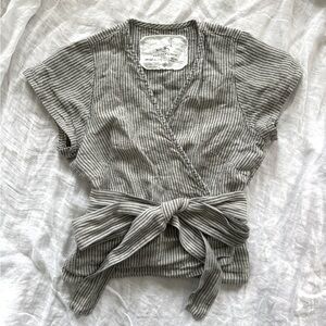 notPERFECTLINEN Madrid Linen Wrap Top | Natural-Grey Stripes | Size S